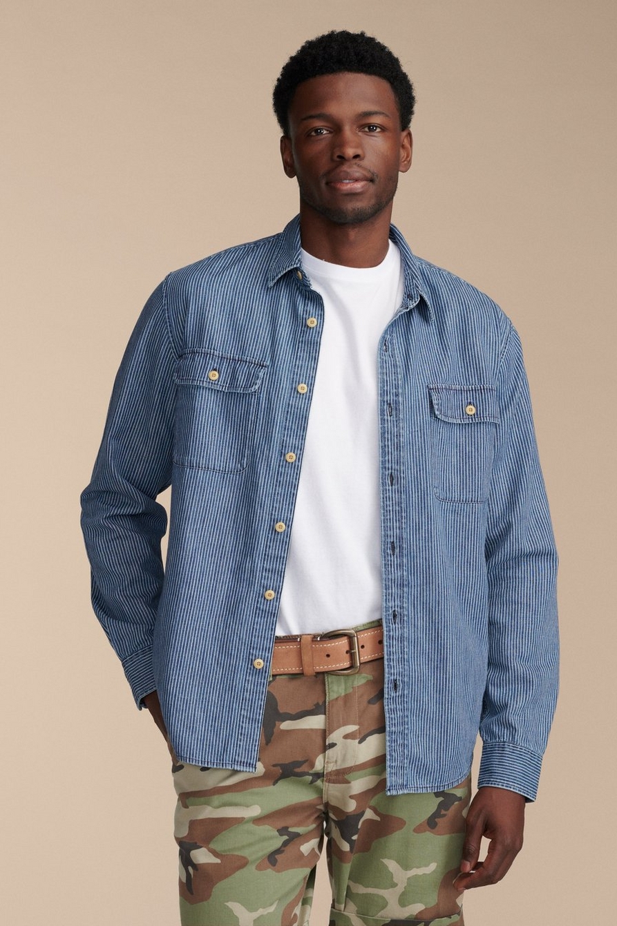 railroad stripe denim utility long sleeve shirt